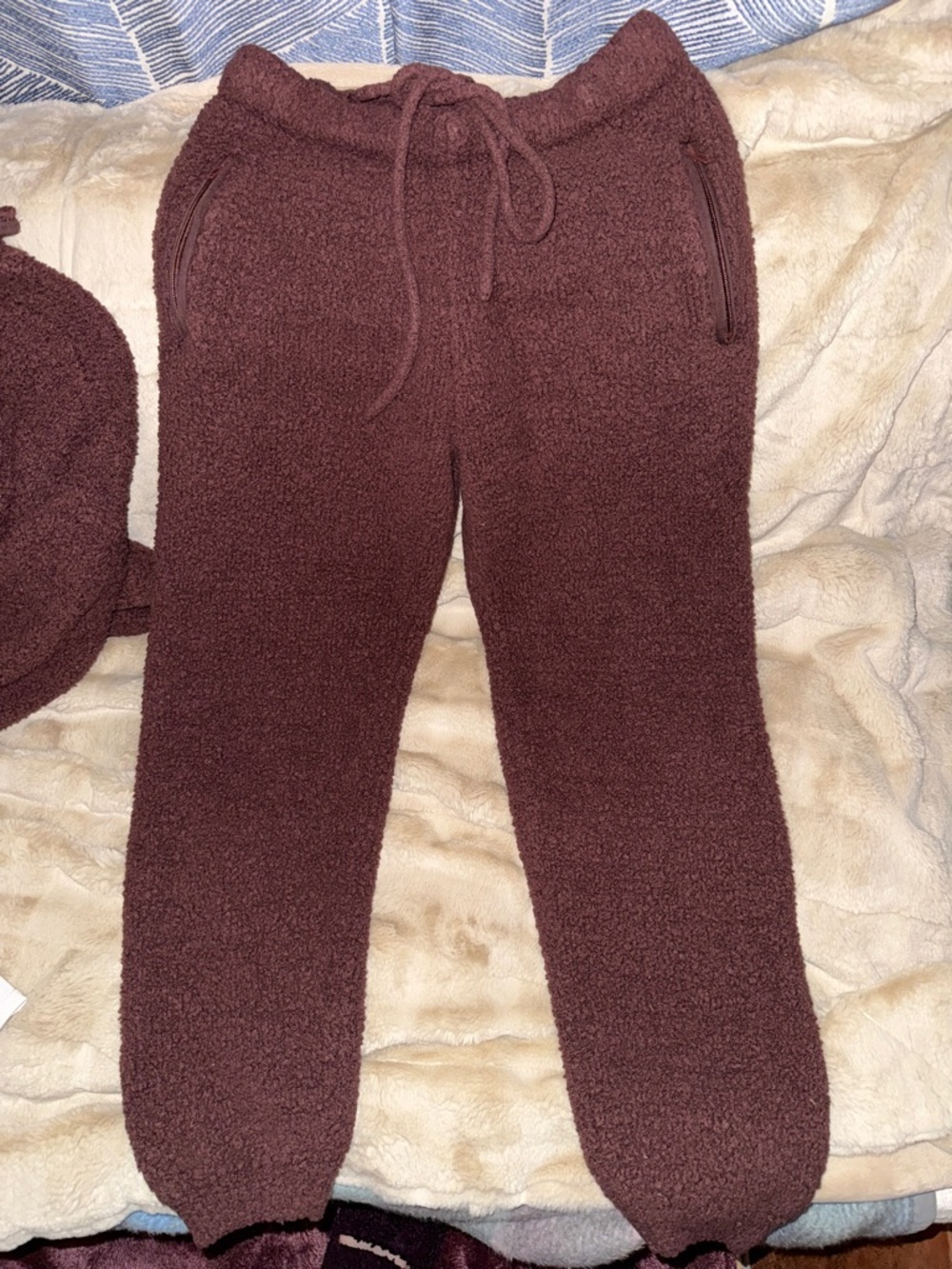 Skims: teddy pants, jogger style with pockets that zip, size L/XL, brown